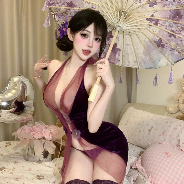 Seductive Purple Cheongsam Lingerie Set - Pure-Yet-Tempting Sleepwear with Open Back & No-Remove Design - Purple [cheongsam + T-shirt + white open-crotch socks]
