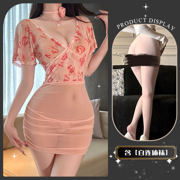 JinXiao Rose Lingerie Set - Busty Alluring Sheer Mesh Bodycon Dress with Peek-a-Boo Bust Detail - Wife's sweet voice + white bodysuit