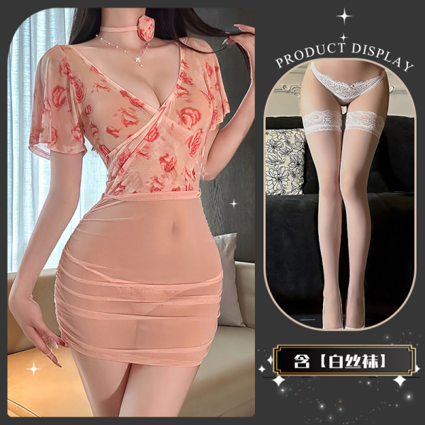 Chaomu Rose Temptation Lingerie Set - Pure-Yet-Mature Sheer Bustier Skirt for Sensual Confidence - Wife's sweet words + white stockings