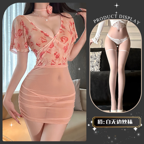 Chaomu Rose Temptation Lingerie Set - Pure-Yet-Mature Sheer Bustier Skirt for Sensual Confidence - Wife's sweet words + white stockings