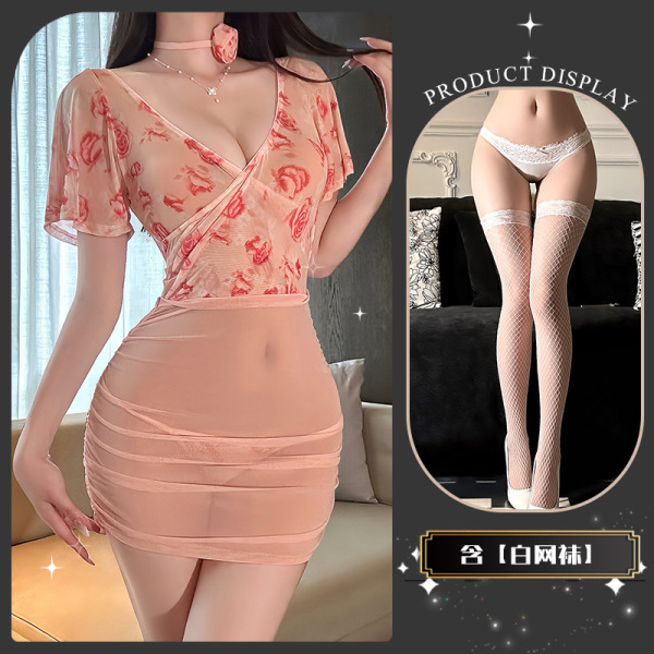 Chaomu Rose Temptation Lingerie Set - Pure-Yet-Mature Sheer Bustier Skirt for Sensual Confidence - Wife's sweet voice + white fishnet stockings