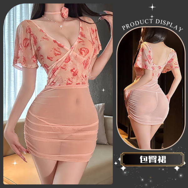 JinXiao Rose Lingerie Set - Busty Alluring Sheer Mesh Bodycon Dress with Peek-a-Boo Bust Detail - My wife's words are so alluring~ [Rose-patterned bodycon top]