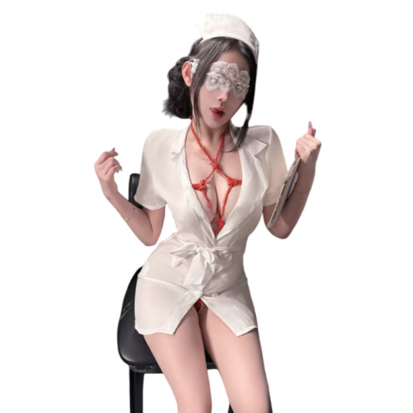 Nurse-themed lingerie set featuring a silky white design with lace details, perfect for intimate moments.