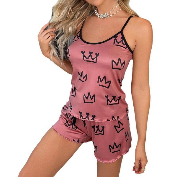 Sexy pink qqny pure temptation lingerie set featuring crown prints, perfect for women seeking stylish sleepwear and intimate ...