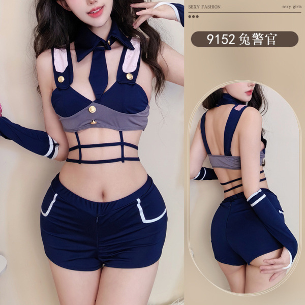 Cute Bunny Girl Costume Set - Sexy Rabbit Officer Role Play Outfit, Split Short Shorts Lingerie - Rabbit Officer + Black-edged Black Stockings