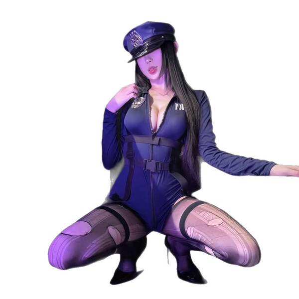 Woman in purple rabbit police officer lingerie set, seductive sleepwear with hat and thigh-highs, no-remove naughty costume.