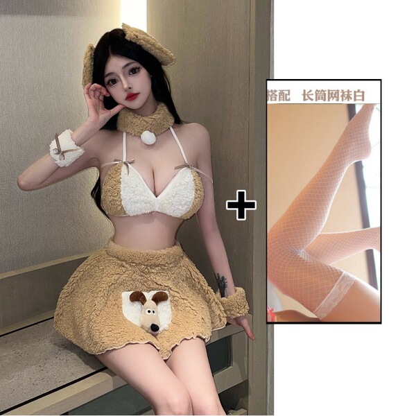 New Year Sexy Lingerie Set - Cute Plush Bear Anime Costume for Women, Nightclub No-Remove Outfit - Plush bunny girl + white fishnet stockings