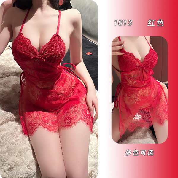 Yeyu Lace Babydoll Nightgown - Sexy Sheer Strap Dress with Ties, Elegant Lingerie Set for Women - Red + Open Crotch Socks