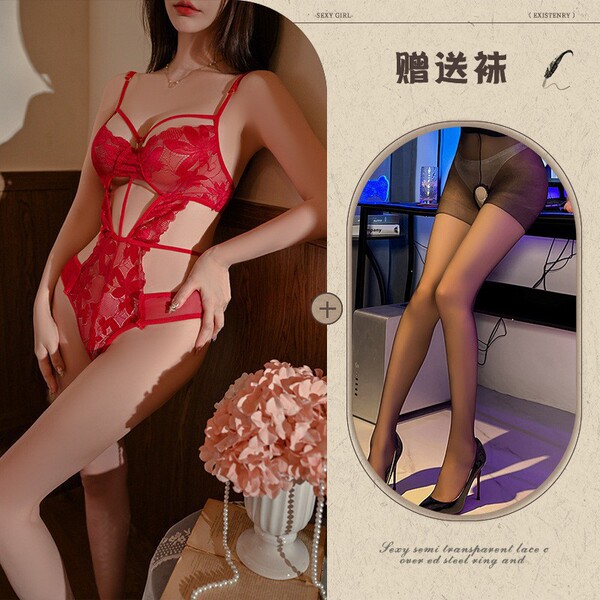 Sexy Lace Bodysuit for Women - Sheer Temptation, Push-Up, Open-Crotch Design, Alluring Lingerie Set - Red and black open-crotch socks