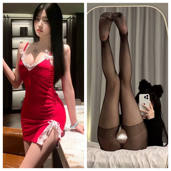 Pure & Playful Lingerie Sleep Set – Sexy Sheer Sleep Dress for Women, Romantic Nightwear Collection - Burgundy + Black Open Crotch Stockings