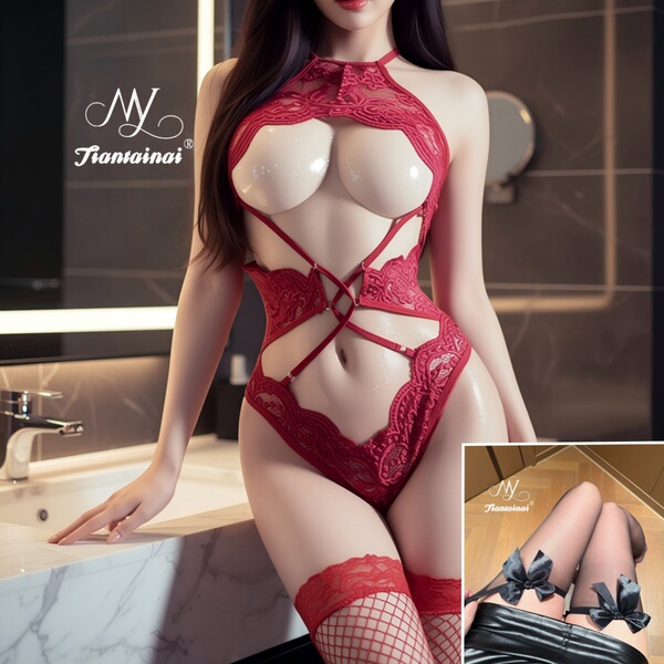 Sexy Lace Bodysuit Set - Seductive Mesh & Lace Erotic Lingerie for Couples Play & Bedroom Fun - Burgundy and black bow-tie stockings