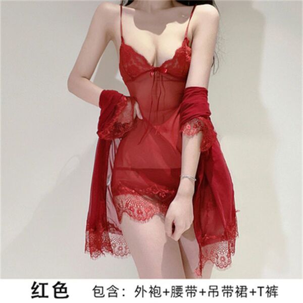Lace Summer Sleepwear Set for Women – Sexy Lightweight Matching Cami & Short Set, Busty & Petite Friendly - Red suit + black lace-trimmed stockings