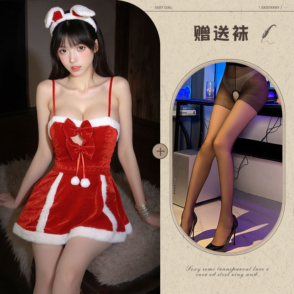 Christmas Velvet Lingerie Nightgown - Sexy Red Pure-Temptation Sleep Dress for Holiday Parties & Roleplay - Red and black open-crotch socks