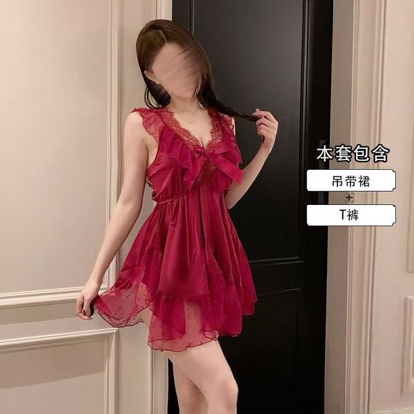 Pure & Seductive Lace Chemise - Deep V Neck Sexy Sheer Sleep Dress for Women, No-Undress Design - Red and black open-crotch socks