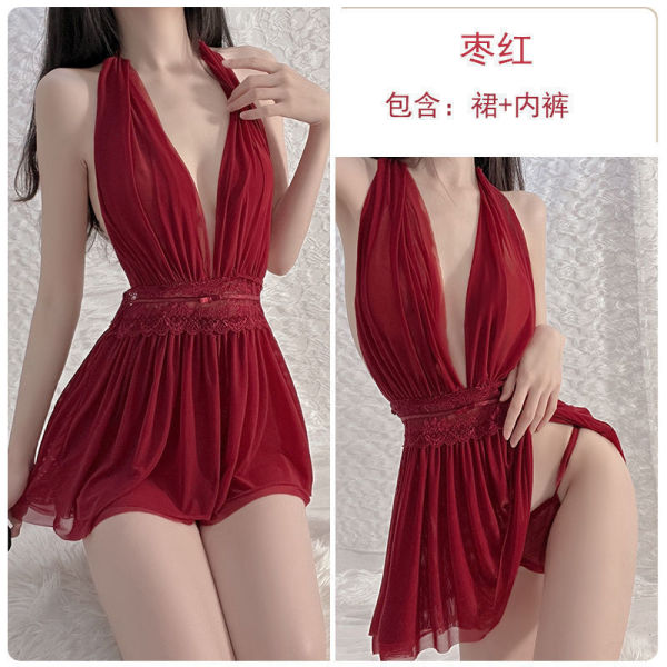 Seductive Sheer Lingerie Set - Sexy Transparent Sleepwear for Women, Pure Temptation No-Remove Design - Red + Black Stockings