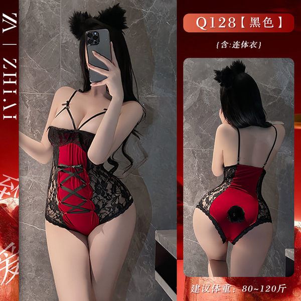 Sexy Red Lace Bodysuit Set - Sheer Vintage-Themed Costume with Ties & Strap Details for New Year Eve - Red bodysuit + black open-crotch stockings