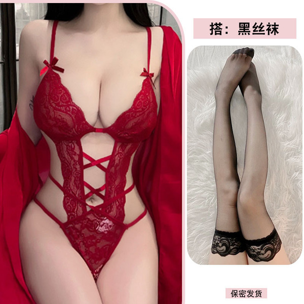 QQNY Pure Allure Sleepwear Set – Elegant Seductive Lingerie for Women, Luxury Intimate Nightwear - Red bodysuit + black stockings