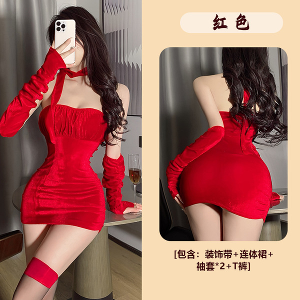 Fan Lei New Year Christmas Uniform Wrap Dress – Valentine's Day Party Outfit & Lingerie Sleepwear Set - Red [Bracket Dress + 2 Sleeves + Neck Tie + Thong] + Matching Stockings
