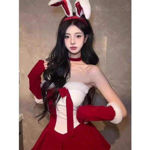 Christmas Bunny Girl Dress - Red Sexy Bodycon Mini Dress, Y2K Cute & Seductive Holiday Outfit - Red [Strapless dress + 2 sleeves + headband + choker + tail]