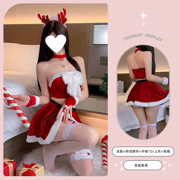 Rudolph-Themed Sexy Lingerie Set for Women - Christmas Cosplay Outfit, Cute Holiday Costume & Date Night Ensemble - Red Butterfly Christmas Set [Includes Hair Accessory + Matching Socks] [Gift Box of 2]