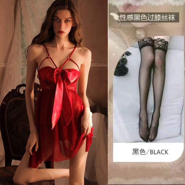 Lace Sensual Sleepwear Set - Sexy Underwire Push-Up Lounge Set for Small Bust Women - 0803 [Breast Support] Red Butterfly Nightgown + Panties + Black Stockings