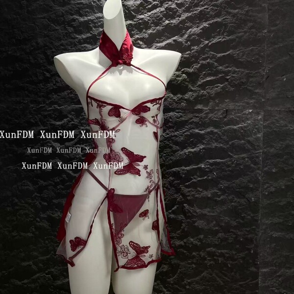 Butterfly Embroidery Lingerie Set - Vintage Qipao-Style Sexy Sleepwear for Women, Plus Size - Red cheongsam + T-shirt