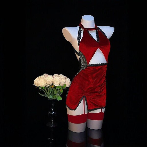 Pure & Dark Lingerie Set - Velvet Witch Cosplay Sleep Dress for Role Play, Sexy & Stylish - Burgundy cheongsam (stockings not included)