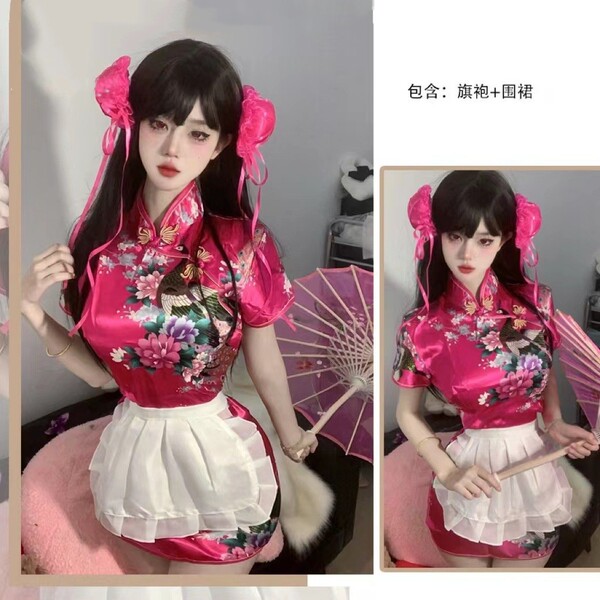 Adorable Bow Cosplay Dress - Student Maid Outfit & Lolita Style Daily Dress for Girls - Red Chinese Style Two-Piece Set (Cheongsam Dress + Apron Included)