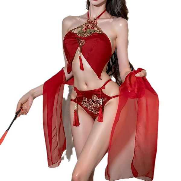 Red chinese-style lingerie set with lace, tassels, and sheer sleeves—sexy hanfu-inspired bralette for romantic sleep or dance...