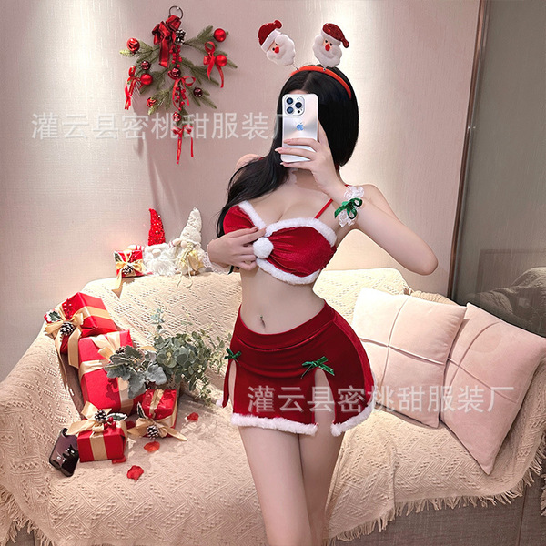 Christmas Lingerie Set - Sexy Santa Role Play Costume in Red for Holiday & New Year Eve - Red outfit + red Santa Claus headband