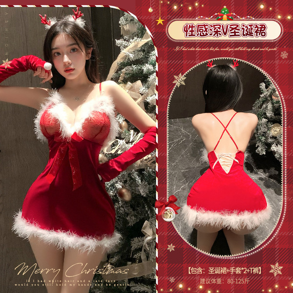 Manyan New Year Sexy Faux Fur Halter Dress - Christmas Bodycon Lingerie Mini Skirt for Passionate Nights - Red Christmas dress + gloves + t-shirt