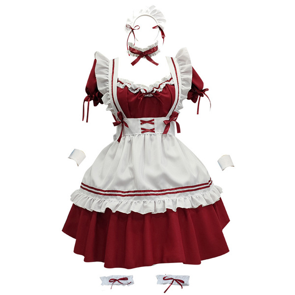 Miracle Nikki World Tour Lolita Maid Dress - Cute Anime Costume Outfit for Cosplay & Fashion - Burgundy dress + apron + necklace + bracelet + leg ring + headdress