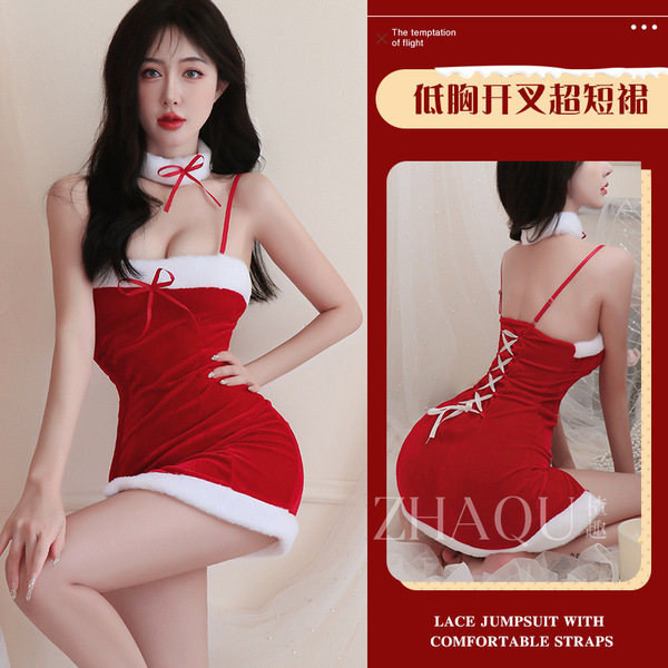 New Year Lingerie Set - Sexy Holiday Cosplay Sleepwear & Seductive Uniform Outfit for Women - Red (skirt + choker) + white open-crotch socks