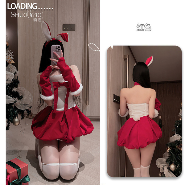 ShuoYao Sexy Christmas Lingerie Dress – Cute Bunny Girl Party Dress for New Year Eve & Holiday Parties - Red [skirt + choker + headband + gloves]