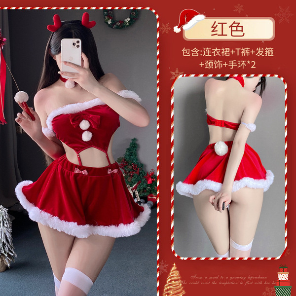 Christmas Reindeer Costume Set - Sexy Fuzzy Holiday Lingerie for New Year & Christmas Parties - Red [Includes dress + thong + headband + necklace + 2 bracelets (pom-pom not detachable)] + matching socks