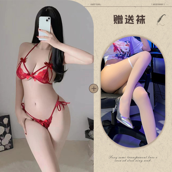 Qing Ran Sexy Lace Bra and Panty Set - Transparent Temptation Sleepwear for Women, Wholesale Available - Red + White Flat-Top Stockings