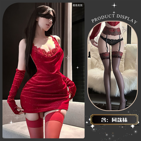 QingShe Sexy Lace Backless Bandage Skirt Set - Sparkling Rhinestone New Year Outfit, Pure & Tempting Ensemble - Crimson Night Banquet ~ + Red-Trimmed Garter Stockings