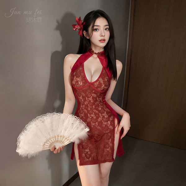 Seductive Chinese-Style Lingerie Set - Open-Crotch Cheongsam for Small Busts, Pure Temptation Couples Play - Burgundy (lace cheongsam dress + T-shirt)