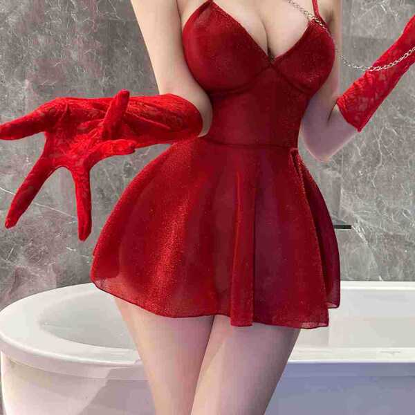 Feiniao Moon Gaze Sexy Sleepwear Dress – Sheer Lace Cami Slip with Alluring Pure-Delight Fit - Individual lace gloves [red]
