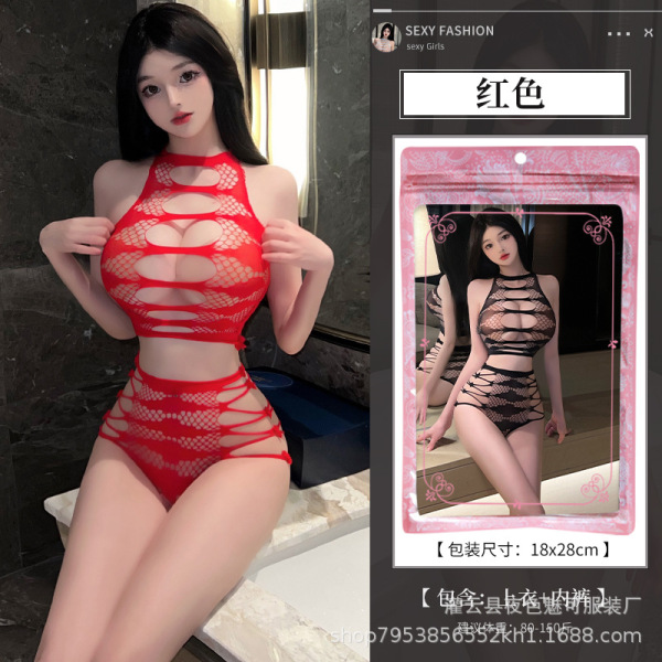 Women's Sexy Sheer Mesh Bodysuit - Ripped Lace Cut-Out Tight-Fit No-Remove Erotic Lingerie Set - red