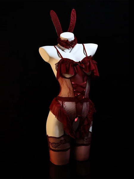 Pure & Playful Lingerie Set - Modest Yet Seductive Bunny Girl Sleepwear with Open-Crotch Design - red
