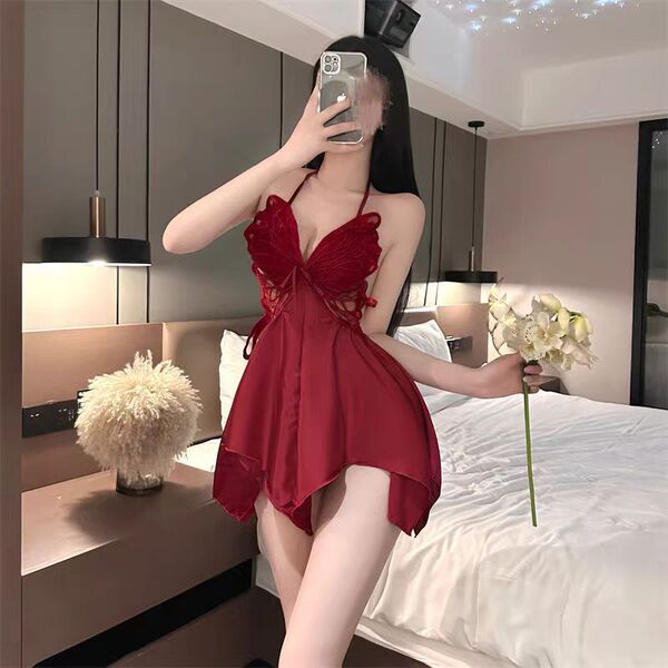 Pure Color Butterfly Lace Sleep Dress - Sexy Satin Slip Nightgown for Women, Pure-Aesthetic Lounge Wear - red