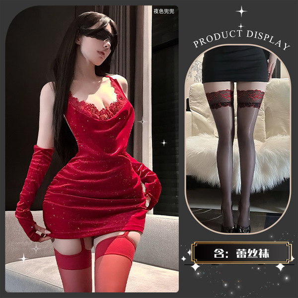 Golden Night Sensual Lingerie Set - Sparkling Rhinestone Backless Bandage Mini Dress with Pure-Yet-Alluring Style - Crimson Night Banquet ~ + Red-Trimmed Mid-Length Stockings