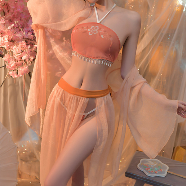 Women's Seductive Silk Sleepwear Set - Chinese Hanfu-Inspired Lace Bodice & Matching Bottoms, No-Remove Lingerie - Orange-red
