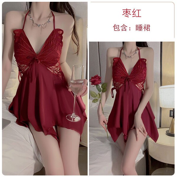 Butterfly Lace Sleeveless Ice Silk Sleep Dress Set – Sheer Back, Bow Detail, Spring Romantic Lingerie - red outer robe