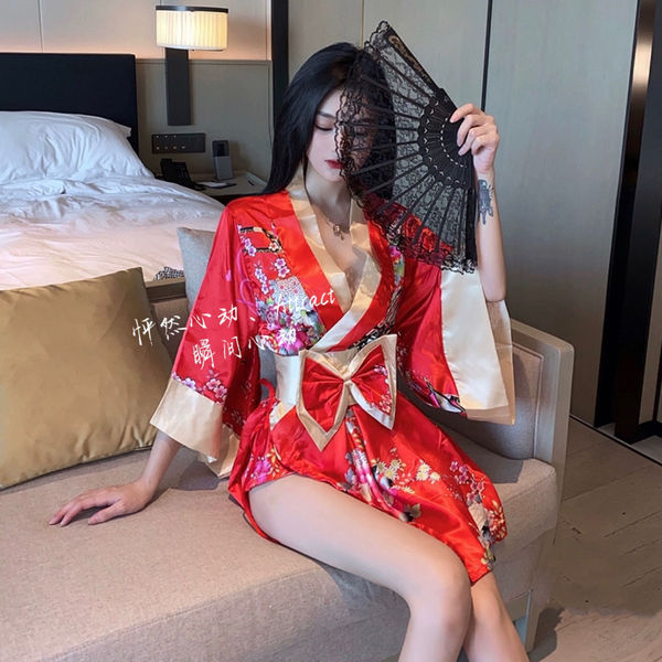 Shōwa Geisha Robe Lingerie - Seductive Deep V-Cut Cosplay Sleepwear & Sensual Kimono-Inspired Nightgown - Red [outer robe + belt + t-shirt] + white open-crotch socks