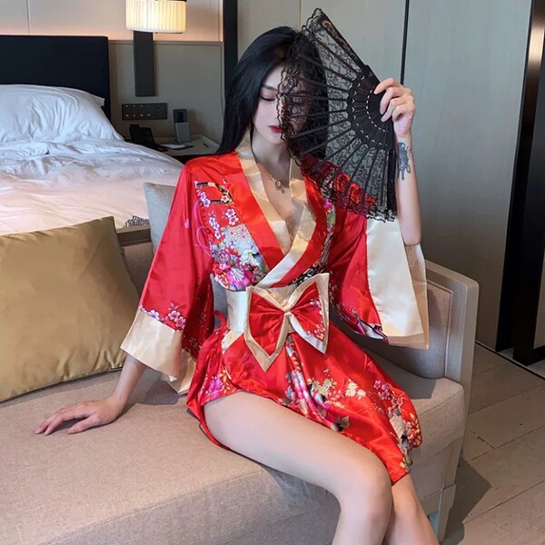 Japanese Kimono Lingerie for Women – Sexy Butterfly Print Yoko Dance Costume, No-Remove Seductive Uniform - Red [outer robe + belt + T-shirt]