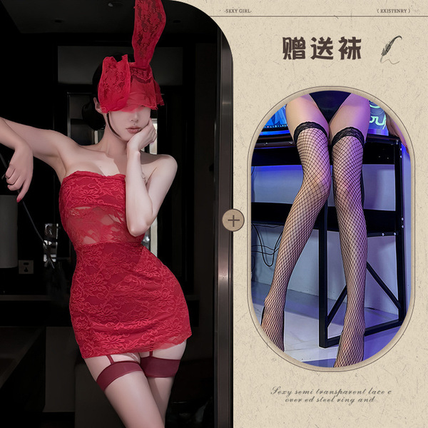 New Year Eve Lingerie Dress - Red Lace Corset Mini Dress, Sexy Bodycon Party Outfit for Women - Red + red mask + black fishnet stockings