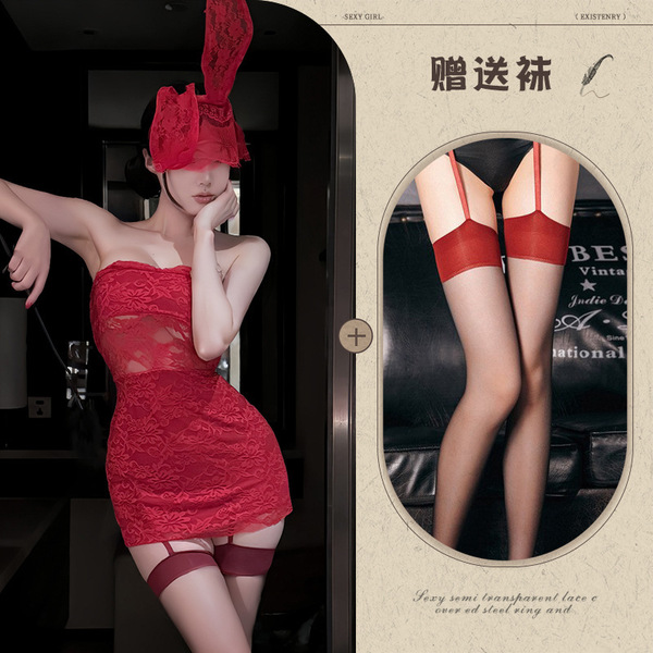 New Year Eve Lingerie Dress - Red Lace Corset Mini Dress, Sexy Bodycon Party Outfit for Women - Red + red mask + black stockings with red trim