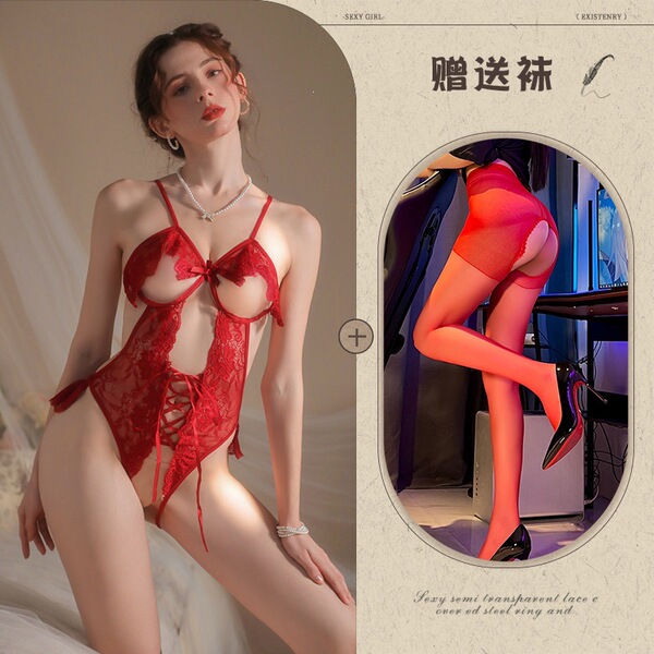 Mannyqing Sexy Lace Bodysuit for Small Bust Women - Open-Crotch Allure Sleepwear, One-Size Seductive Lingerie - Red + Red Open Crotch Socks